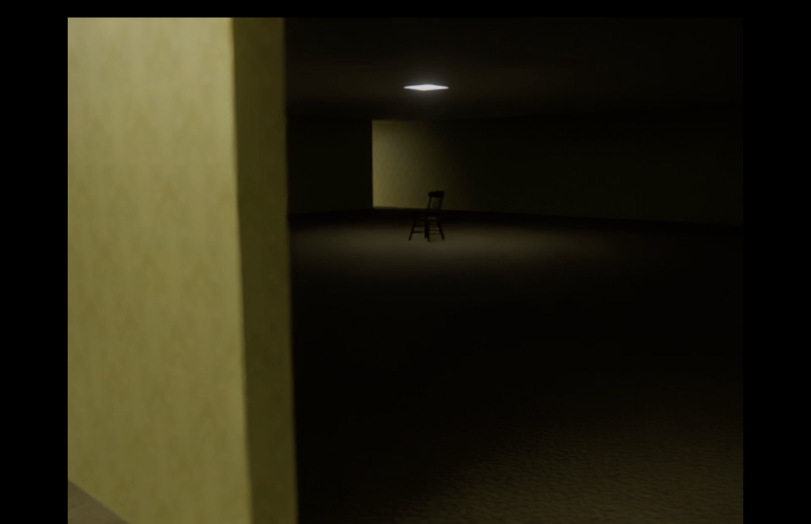 Dark finished Backrooms room with one ceiling light and an isolated chair