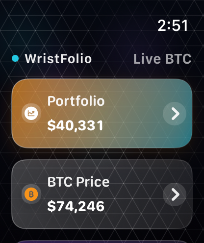 WristFolio home screen showing BTC portfolio value on Apple Watch