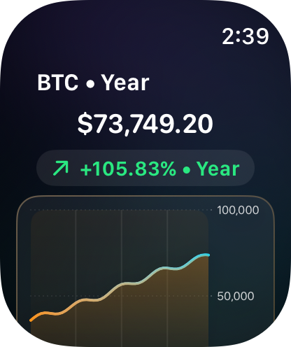 WristFolio Bitcoin year chart on Apple Watch.