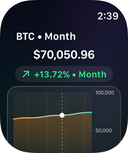 WristFolio Apple Watch BTC month chart with selected detail point.
