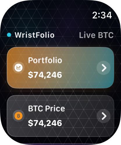 WristFolio Apple Watch dashboard with portfolio and BTC price cards.